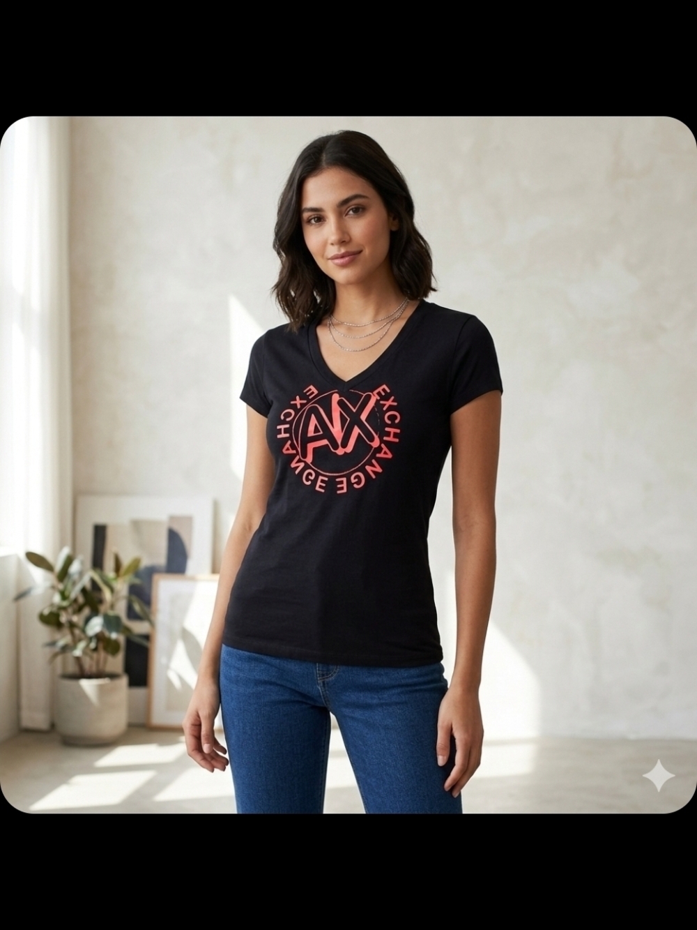 Armani Exchange Women's Navy V-Neck Logo Tee Medium